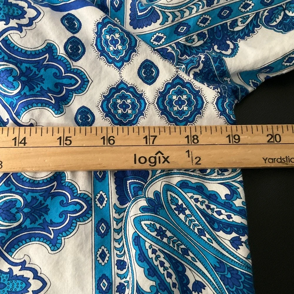 LOFT Top XS Blue White Paisley Bandana Print Puff Sleeve Boho Airy Cruise Travel